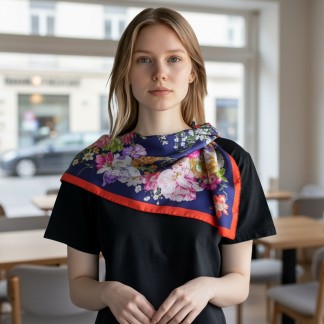 Square silk scarf with colorful flowers